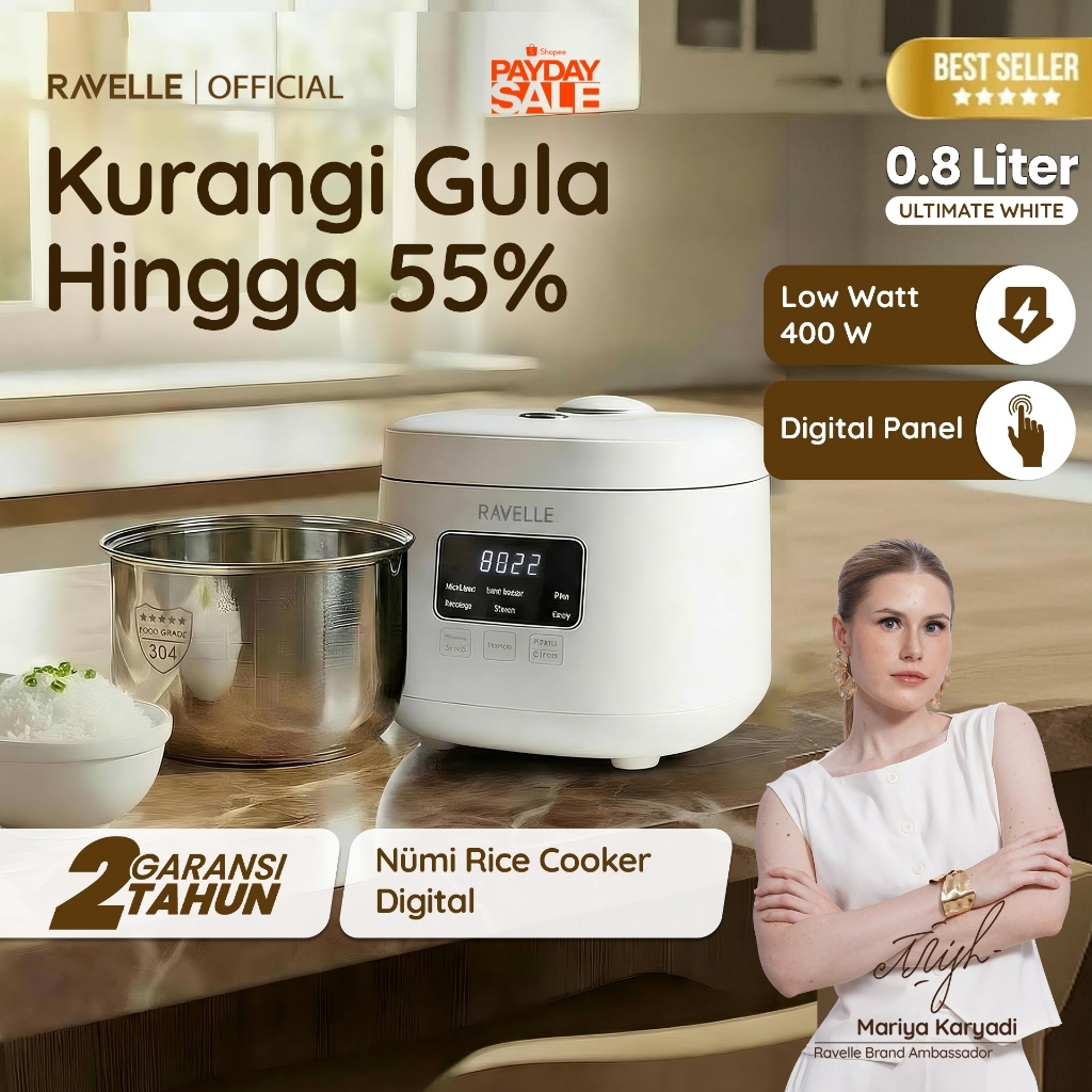 RAVELLE NUMI Rice Cooker Digital Low Carbo 0.8L Stainless Steel Inner Pot - Penanak Nasi Low Watt