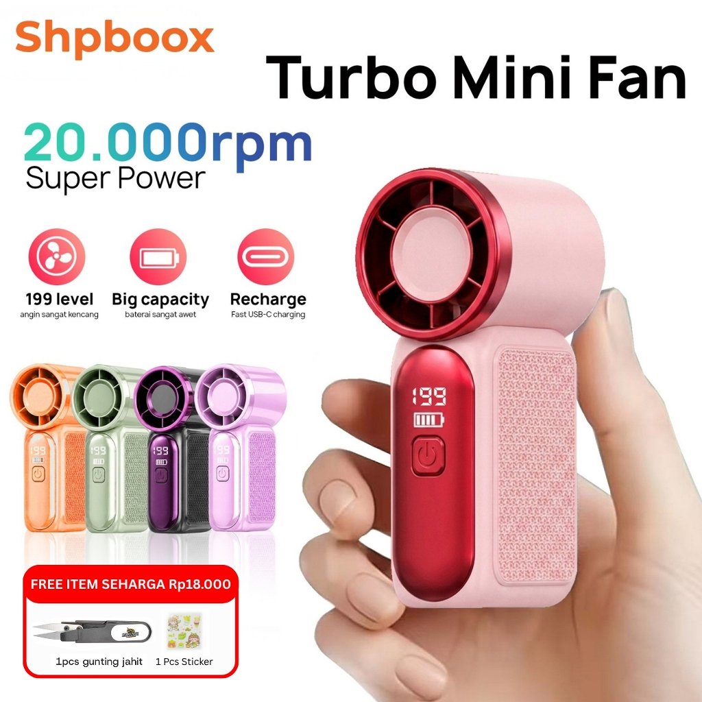 ( 199 level Free gift)SHPBOOX Kipas Genggam Super Mini Turbo MF14B 20000RPM Angin Kuat 199 Tingkat Kecepatan Portable Daya Tahan Lama Cocok Untuk Outdoor Travel Liburan Berpergian Kipas Tangan Rechargeable