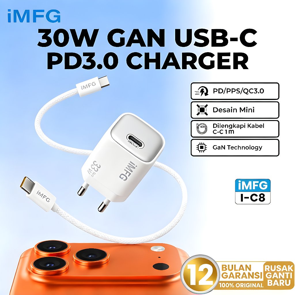 iMFG i-C8 Kepala Charger GaN 33W USB-C PD PPS QC3.0 Fast Charging dengan Kabel Type-C to Type-C 1M untuk iPhone Samsung Android