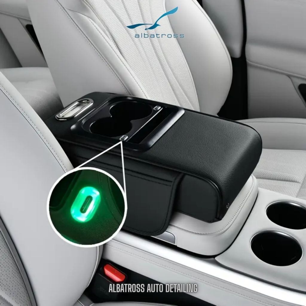 Albatross Premium Armrest Pad Mobil + USB Charging HP + Kotak Tisu Mobil Tempat Botol 5 In 1 | Console Box Storage | Arm Rest Cover Tisu Premium with USB Charge