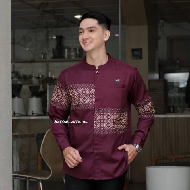 Nayfar -Baju Kemeja Koko Pria Lengan Panjang Muslim /Kemko Pria Motif Kombinasi Batik Toyobo Premium
