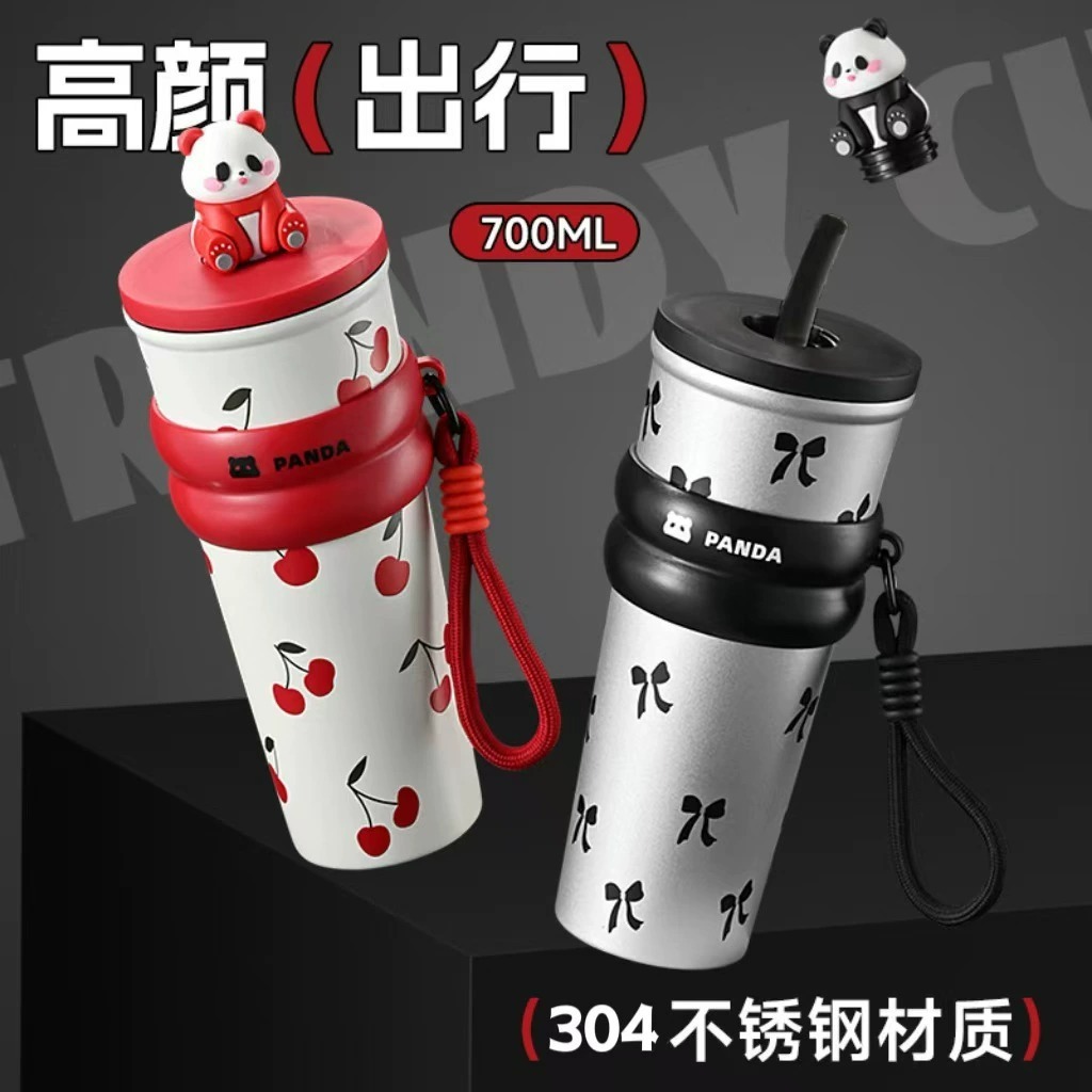 Mug Tumbler Stainless Steel Sus 304 Motif Panda Lucu 700ml Gantungan + Boneka M - foto 2