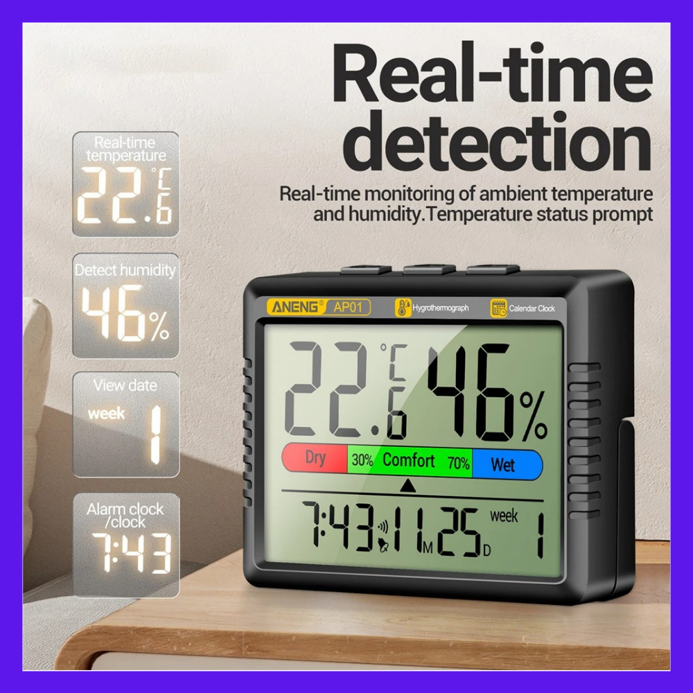 Jual ANENG Termometer Pengukur Suhu Kelembapan Ruangan Hygrometer Clock ...