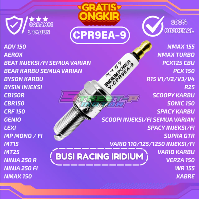 BUSI RACING SUPER IRIDIUM CPR9EA-9 BEAT,SCOOPY,VARIO,R15,NMAX,BYSON,AEROX,CBR150 Karbu Asli Gas Logam Kendaraan Mesin -