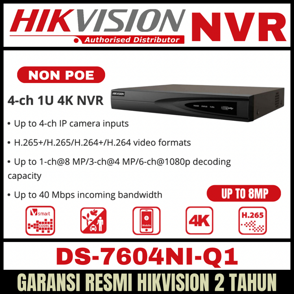 Jual NVR HIKVISION DS-7604NI-Q1 4 CHANNEL 1U 4K NVR 4 CHANNEL UP TO 8MP ...