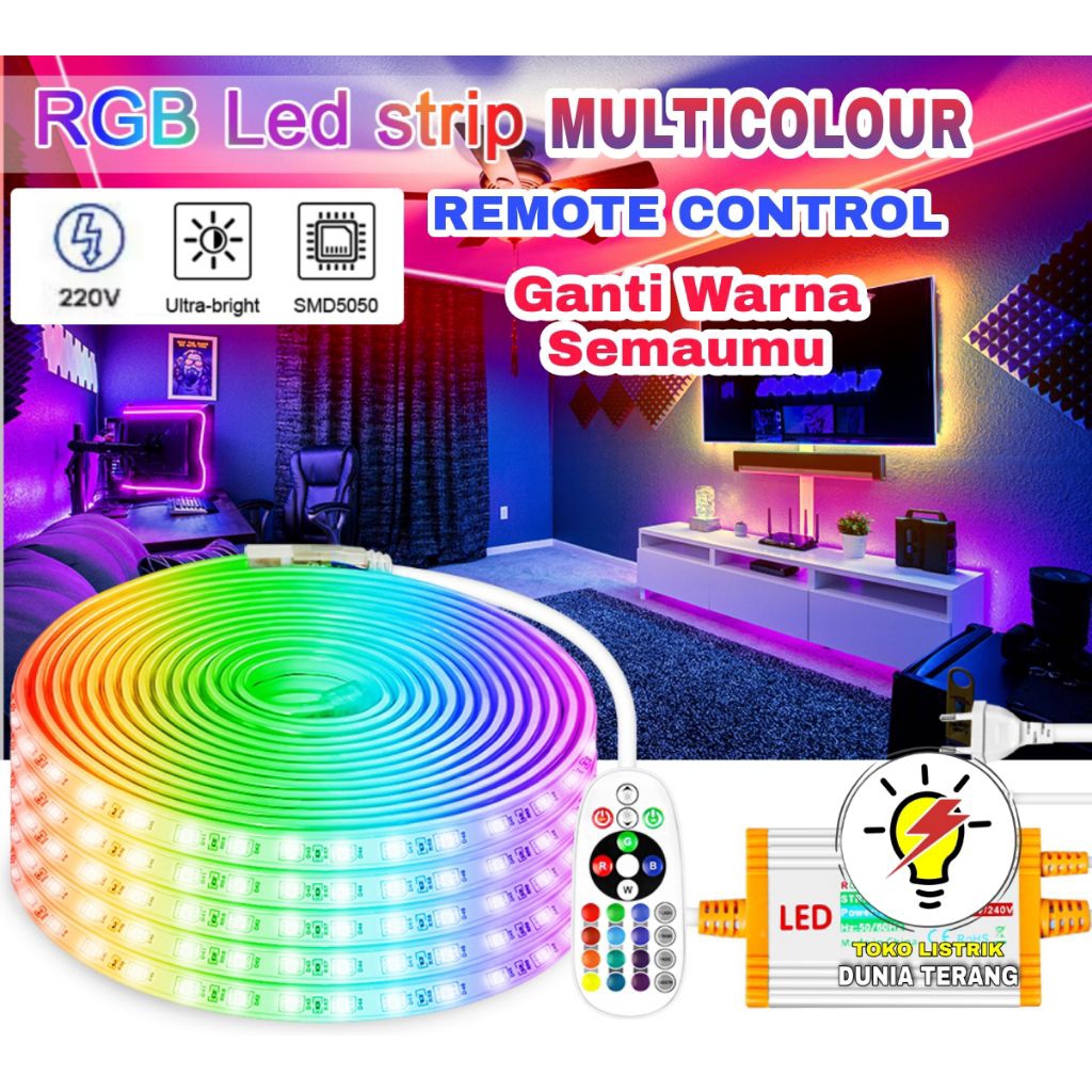 Jual LED STRIP 5050 RGB MULTI COLOUR+ REMOTE CONTROLER 4 PIN 220V BISA ...