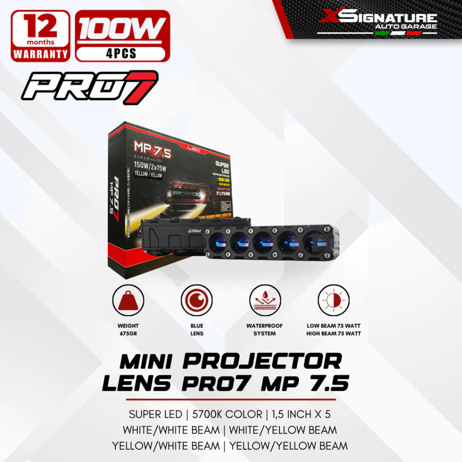 PRO7 MP7.5 MINI LED PROJECTOR, FIVE BLUE LENS, 2X75 WATT YELLOW LOWBEAM / WHITE HIGHBEAM