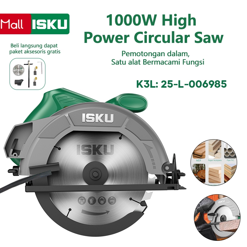 ISKU Circular Saw 1000W Gergaji Listrik Daya Tinggi, Circular Saw Multifungsi Pemotongan Dalam + Paket Aksesoris Gratis