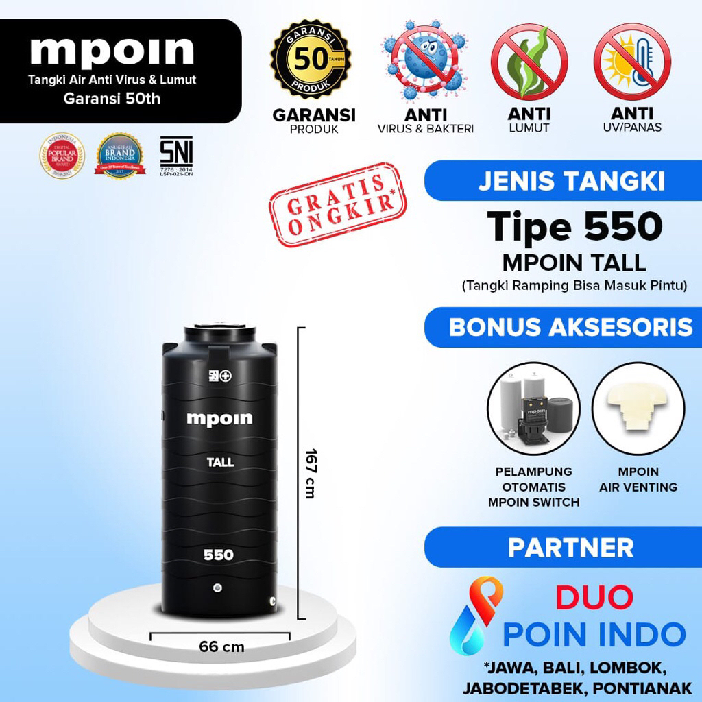 Jual TANGKI TANDON TOREN AIR MPOIN TALL 550 L RAMPING & HEMAT RUANG ...