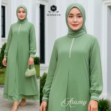 Arumy Gamis Trendy Muslim Model Ceruty Babydoll Full Puring Payet Swarovski Simple Elegan