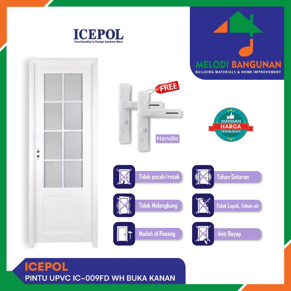 Icepol - Pintu Kamar Mandi + Toilet WC IC 009 Fd IC009 UPVC Kaca White Putih 70x200 Handle Kiri Buka Kanan
