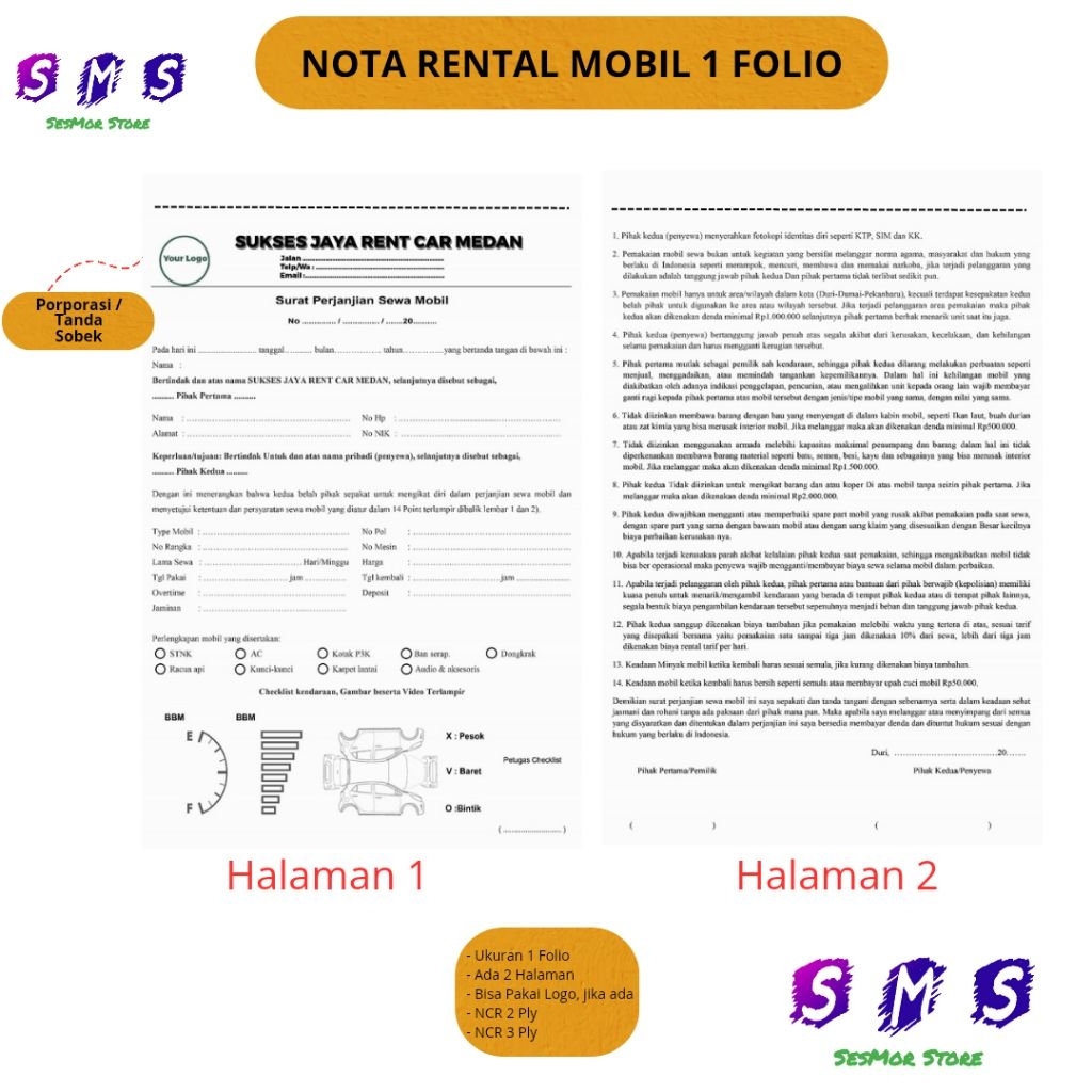 Jual NOTA RENTAL MOBIL 1 FOLIO CUSTOM (2 halaman) | Shopee Indonesia