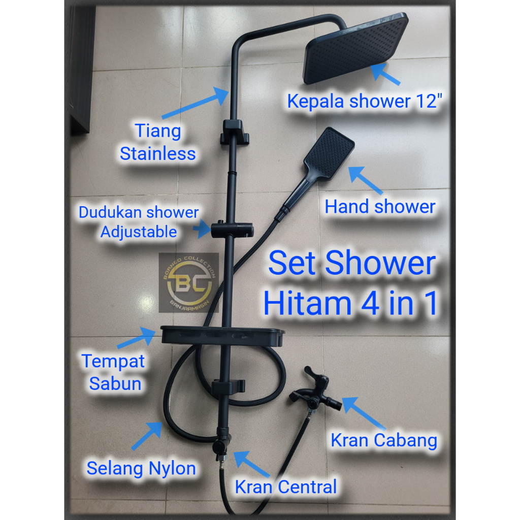 Jual Set Shower Hitam 4 in 1 Tiang SUS304 ABS Rain Shower Hand Shower ...
