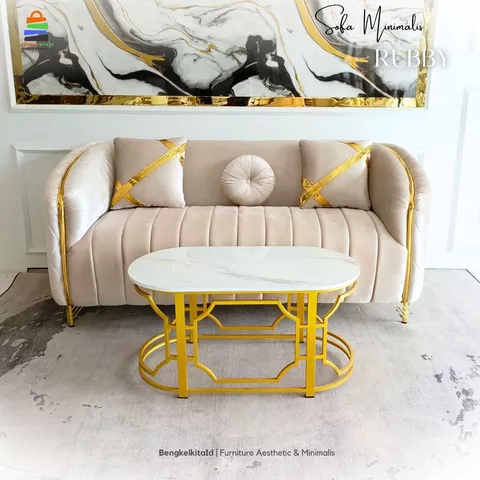 Sofa Ruang Tamu Aesthetic Minimalis Elegan - SOFA RUBBY - 1 2 3 Seater Kayu Solid Kain Bludru