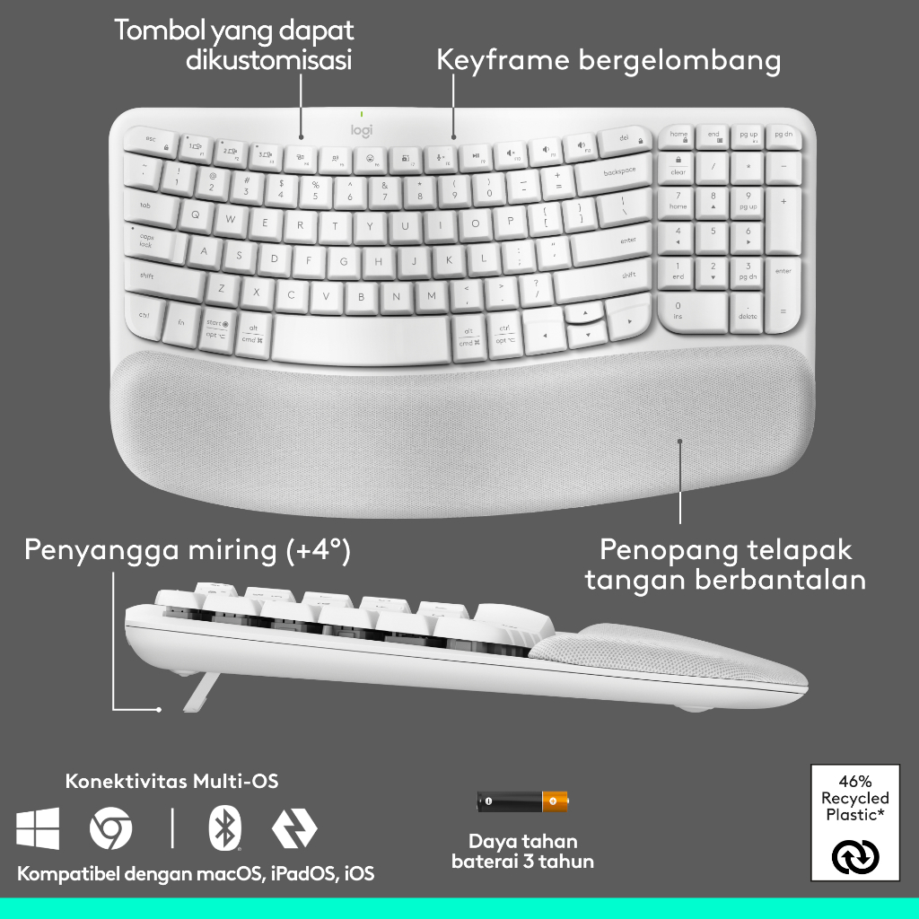 Logitech COMBO Wave Keys & Mouse Vertikal Lift Logitech - Keyboard dan Mouse Nirkabel Ergonomis - dengan Penyangga Telapak Tangan Empuk, Easy-Switch,  (7)