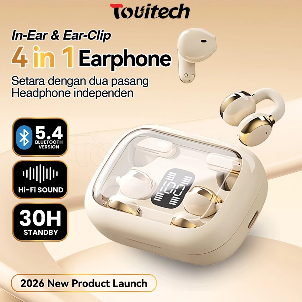 TOUITECH TWS 2in1 HS100 earphone Bluetooth 5.4 dengan desain kapsul dan dual style clip-on in-ear
