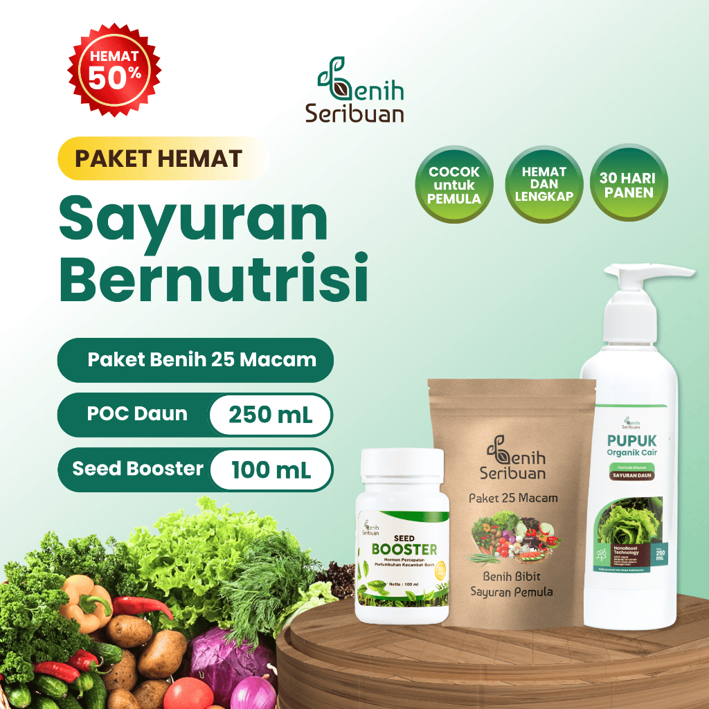 Benih Seribuan - Paket Benih Sayuran Bernutrisi : Paket 25 Sayuran Pemula + Pupuk Organik Cair Sayuran + Seed Booster