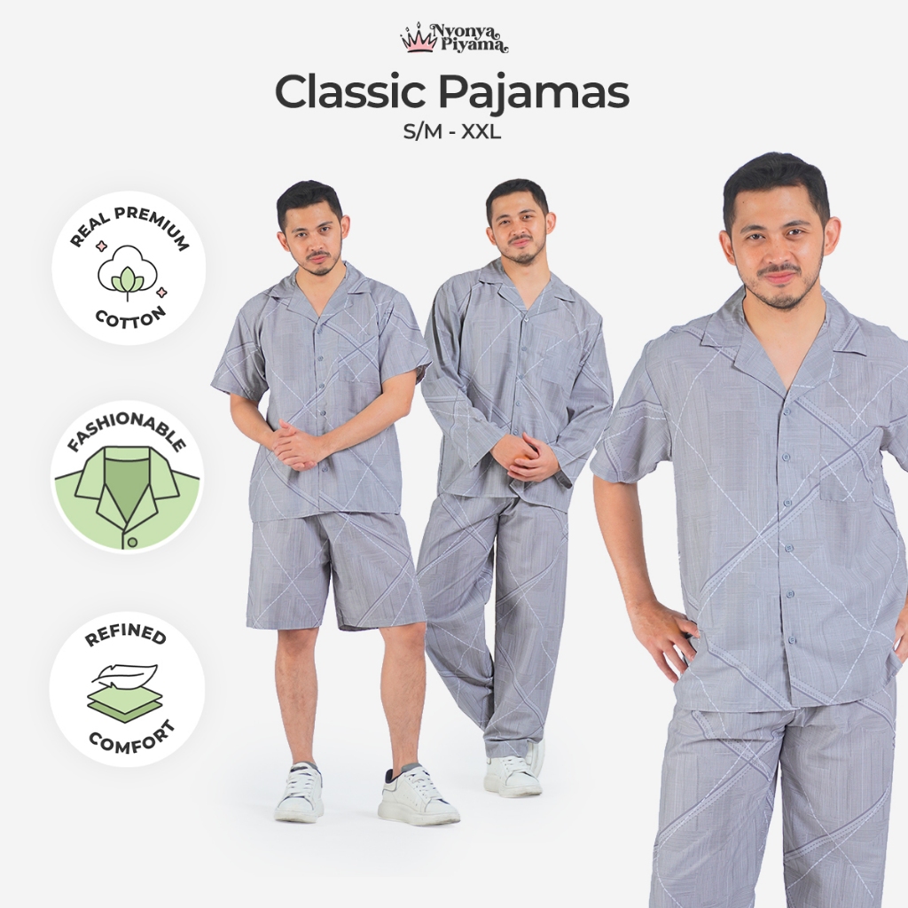 Jual Nyonya Piyama Set Katun Pria Classic (Dove) | Shopee Indonesia
