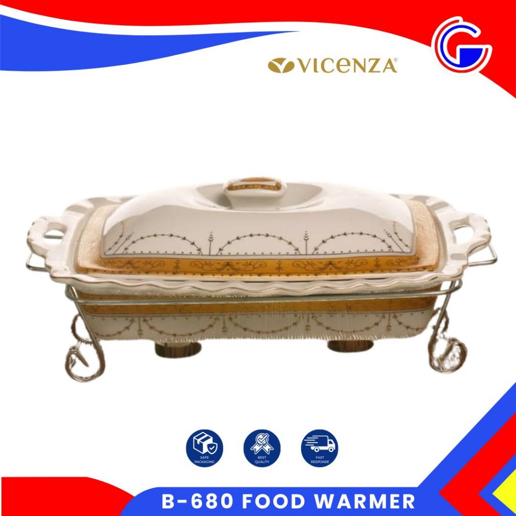 Vicenza Wadah Saji Keramik Kotak Rak Besi - Pemanas Makanan Prasmanan 2L - Food Warmer Rectanguler