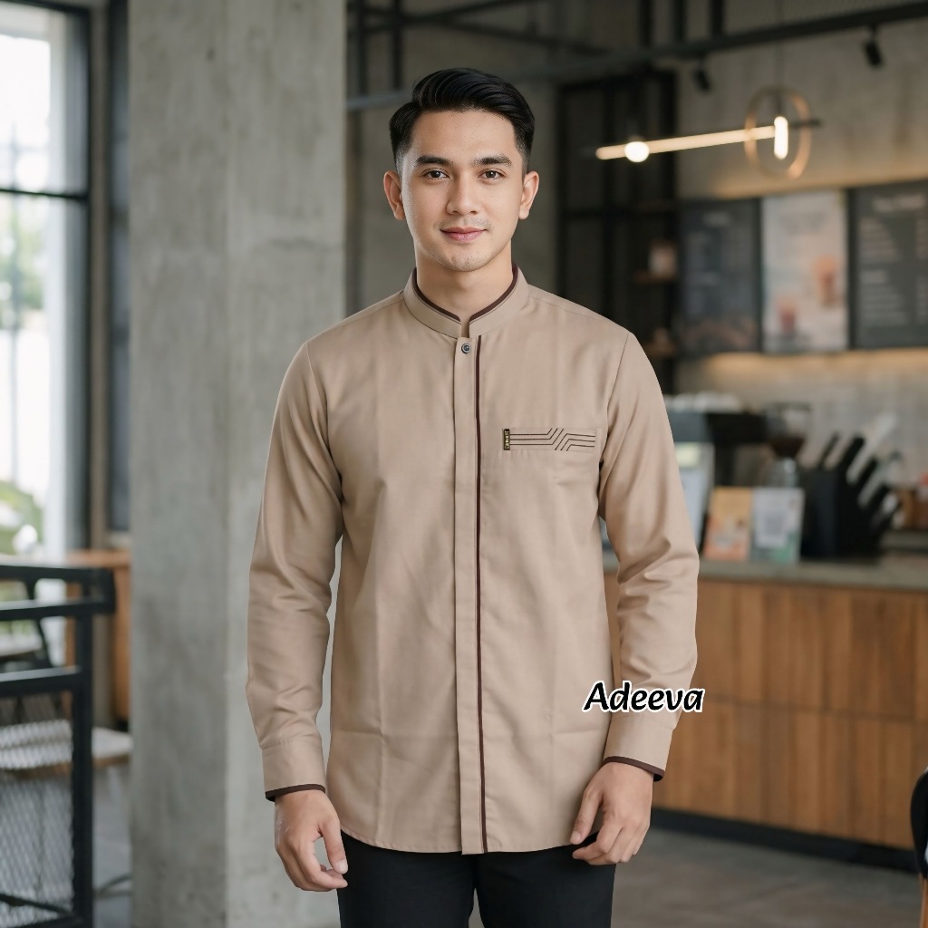 Baju Koko Pria Syauqy Gallery Lengan Panjang Exclusive AL MALIK Warna Coklat Toyobo Deluxe Casual