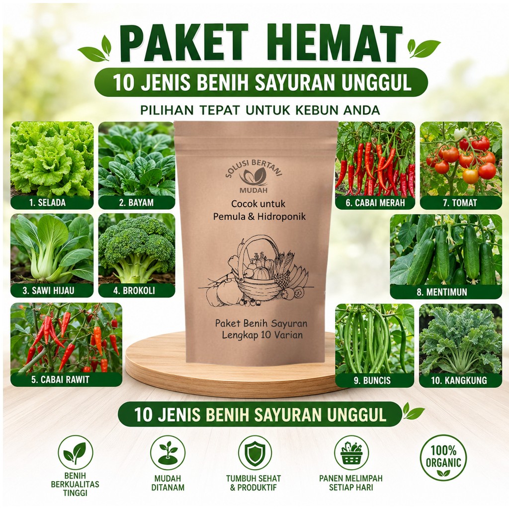 Paket Benih Sayuran Lengkap 10 Varian | Bibit Sayur Premium Mudah Tanam