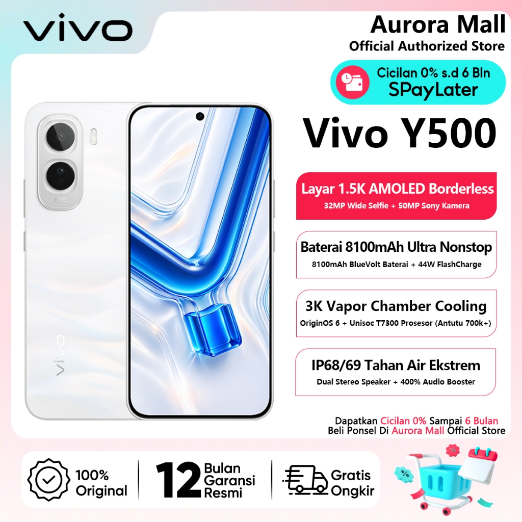 Vivo Y500 6/128GB (6GB+6GB Extended RAM) Official Store Handphone Murah HP Android Terbaru 2026