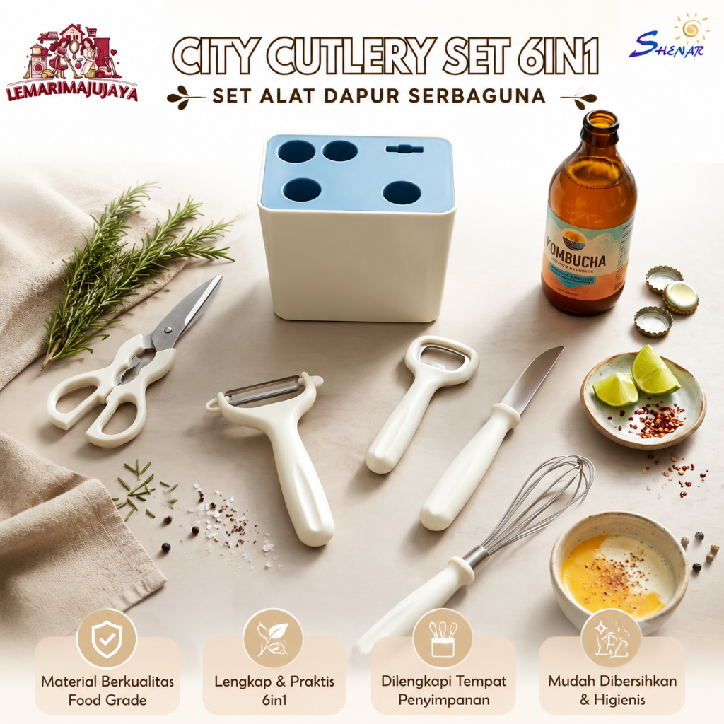 Kitchen Tools Set 6 in 1 Stainless Steel Alat Dapur Set Pisau Gunting Peeler Whisk Pembuka Botol dengan Holder Rak Organizer