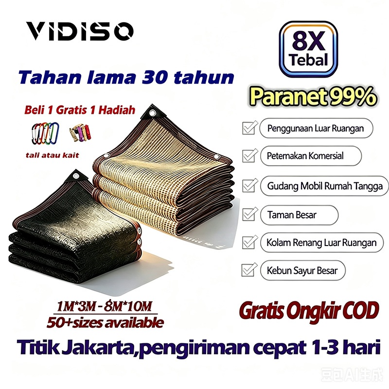 Vidiso 8X Tebal Jaring Paranet 99% 1mx3m-8mx10m Anti UV Tebal 150GSM – Turun 20°C Terbukti! Awet 20 Tahun, 6 Pin Anyaman Rapat – Peneduh Atap, Carport, Kebun, Kandang – Bonus Tali 10m + Mata Ayam – Ready Stock