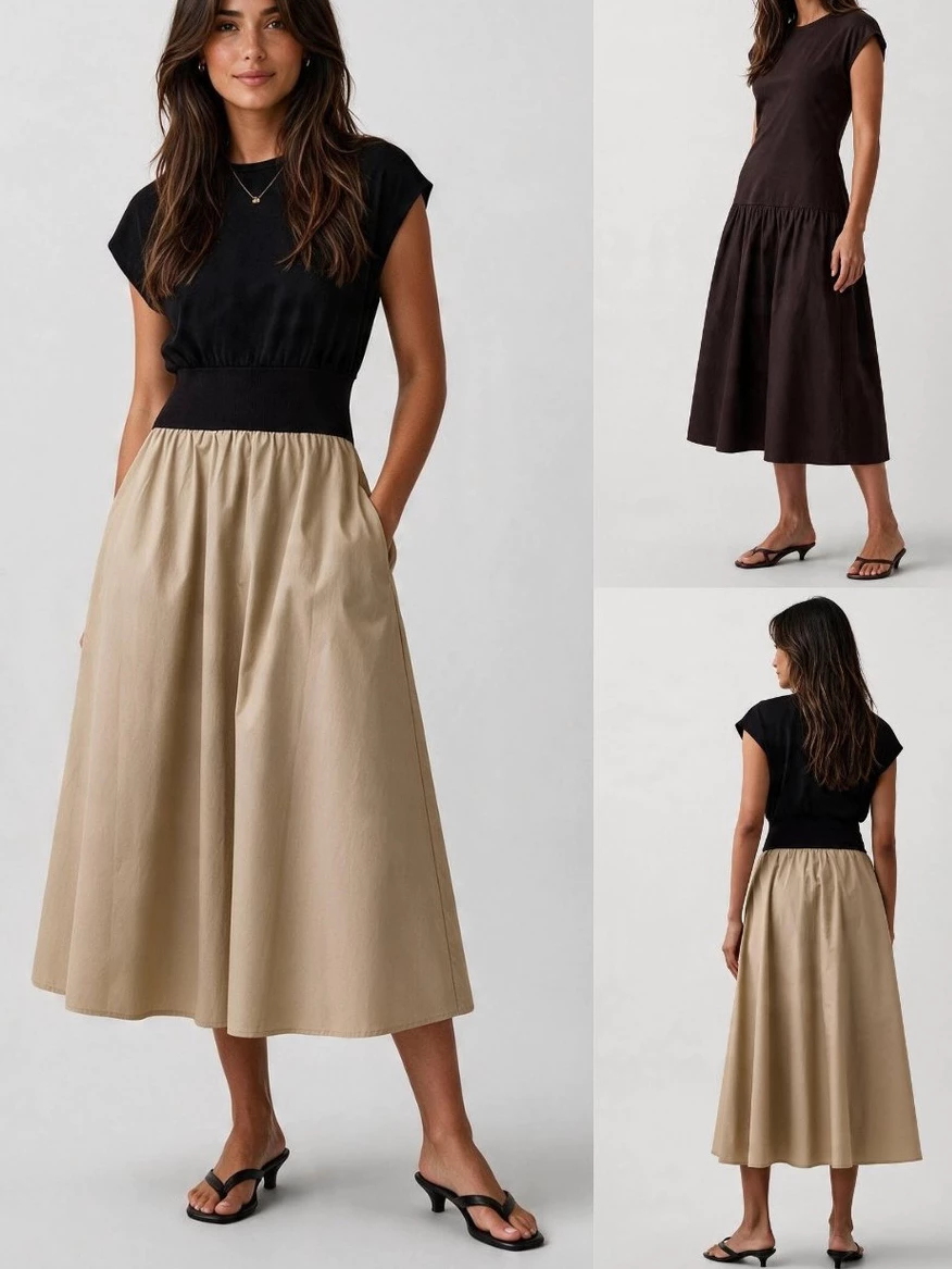 Dress Maxi Wanita Bahan Kombinasi GP Mixed Media Drop-Waist Long Dress - 2825