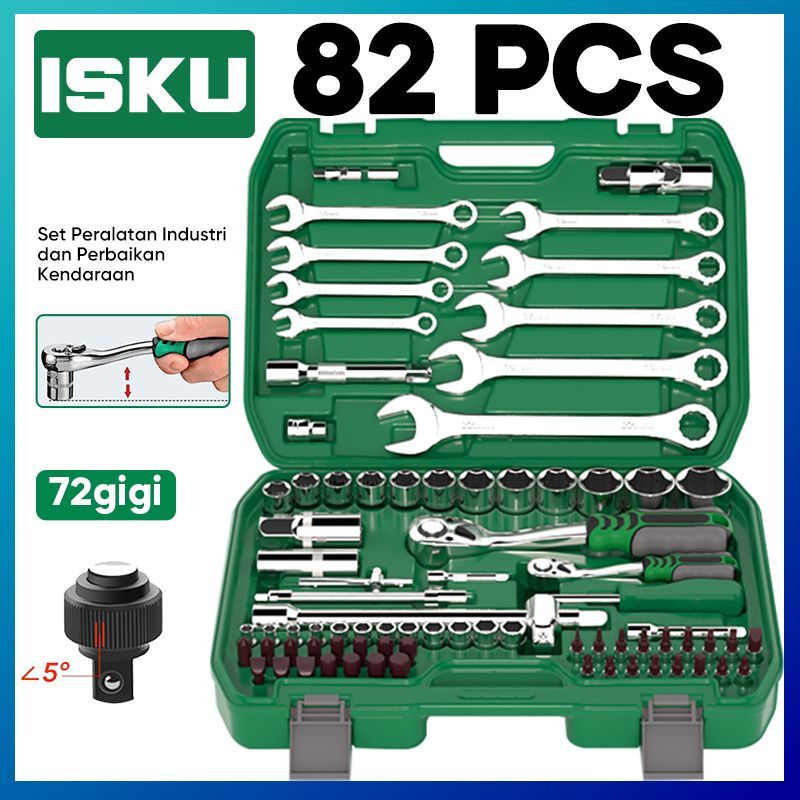 ISKU Kunci Sok Set 82 Pcs Perkakas Bengkel Ratchet 24 72 Gigi Baja CRV Kunci Pas Ring Lengkap Alat Mobil Tahan Banting