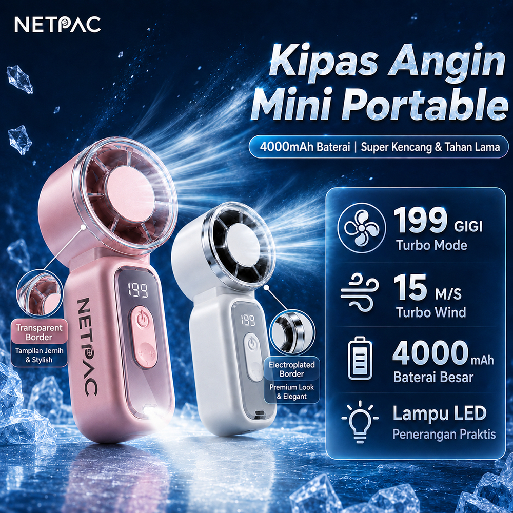 NETPAC 100%Original Kipas Angin Mini Portable Tangan 199 Level High Speed 15m/s 4000mAh LED Display Rechargeable