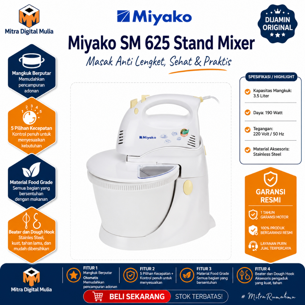 Jual Miyako SM625 Stand Mixer 3.5L Bowl Berputar Otomatis Beater Dough ...