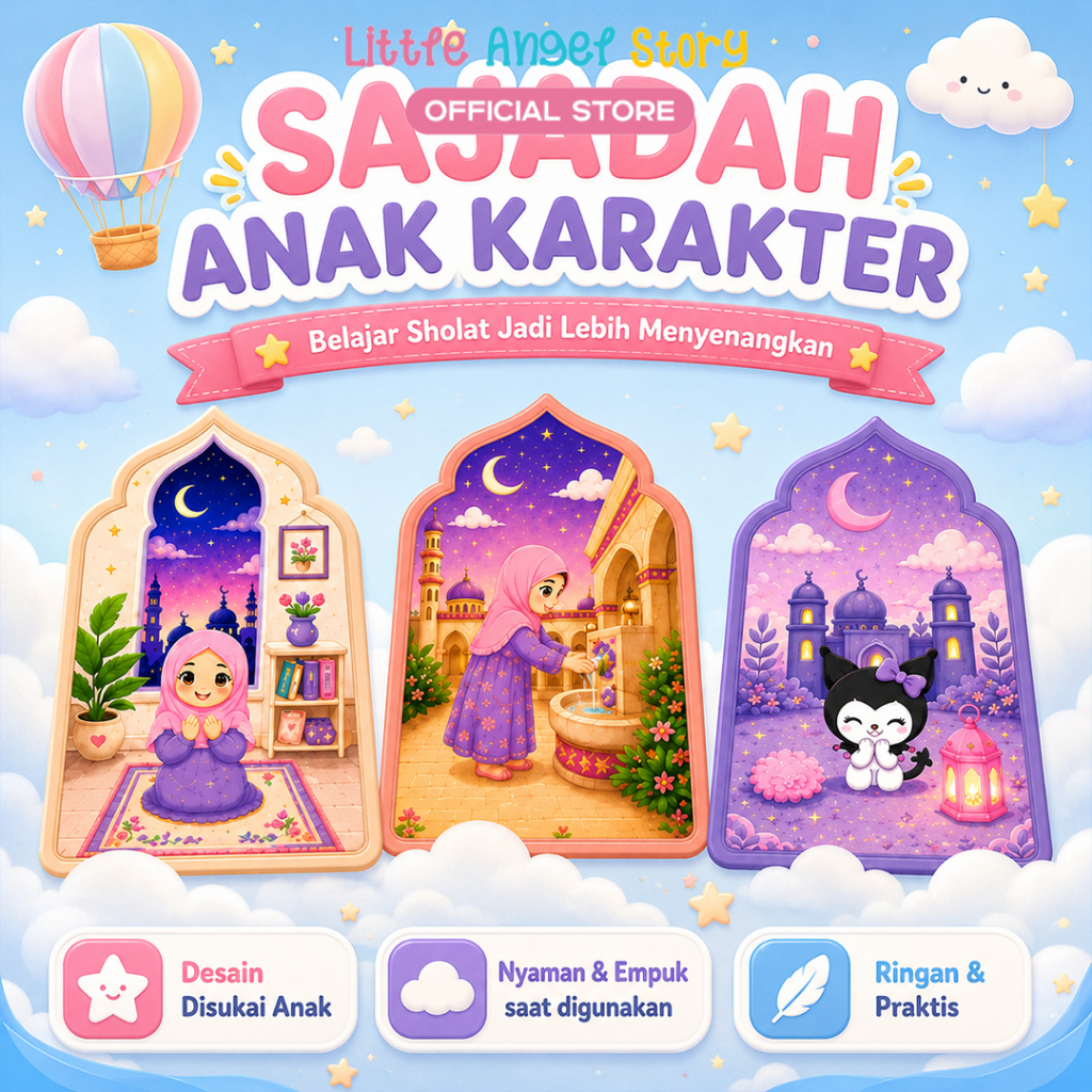 Sajadah Anak Travel Ngaji Shalat Sajadah Karakter Islami Sholat Premium Prayer Mat Kids Sajadah Anak Laki Perempuan TK SD Paud Tebal Anti Slip Kain Halus Busa Empuk Anti Licin Hadiah Kado Souvenir Hari Raya Lebaran Ramadhan Ultah