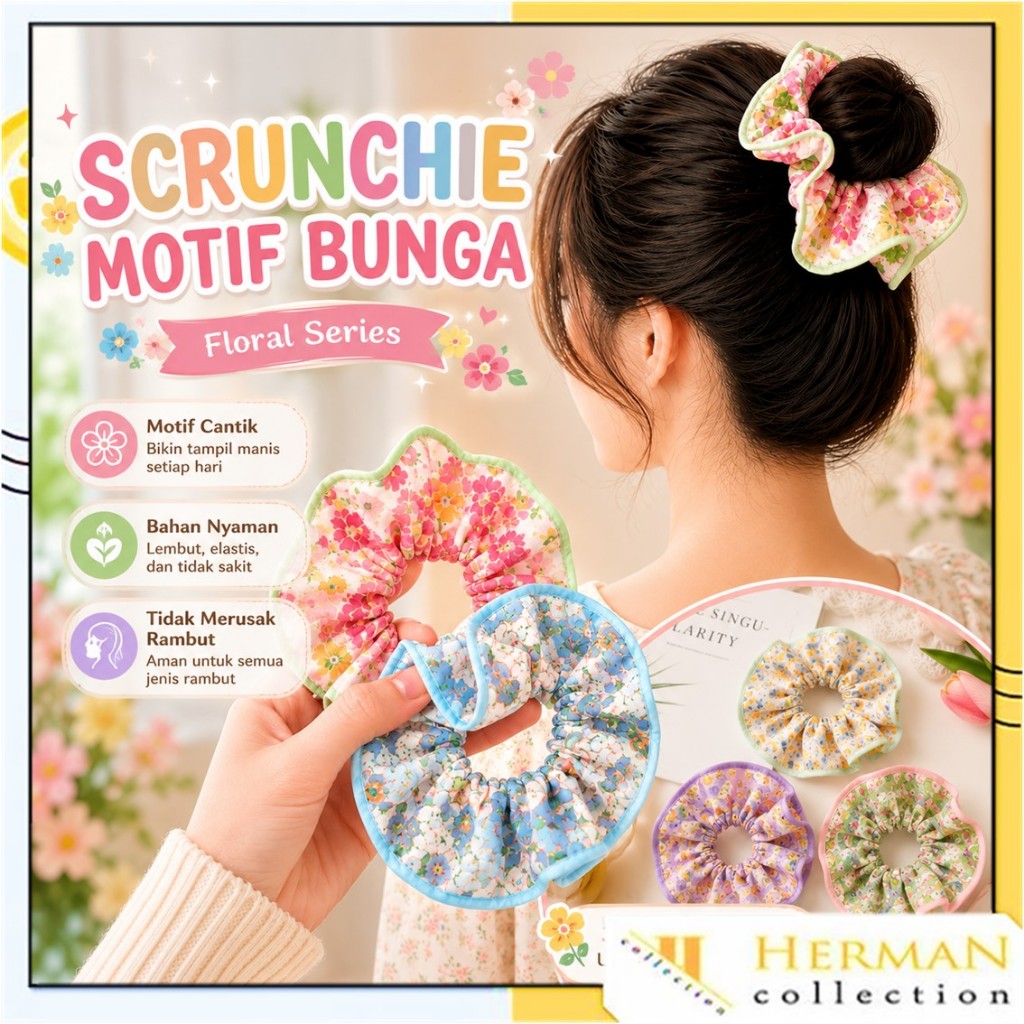 HC Ikat Rambut Scrunchie Korea Gelang Hairband Motif Bunga Estetik Ikat Rambut Hijab Aksesoris Rambut