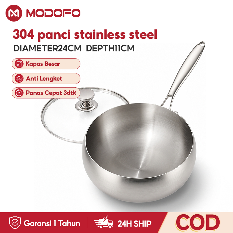 MODOFO Panci Stainless Steel 304 Panci Stainless Steel Tebal 24cm Wajan Anti Lengket Panci Mie Rebus Panci Set Lengkap Anti Lengket Wajan Penggorengan Anti Lengket Kuali Anti Lengket Wajan Stainless Steel Anti Lengket Panci Sayur Wajan Jumbo