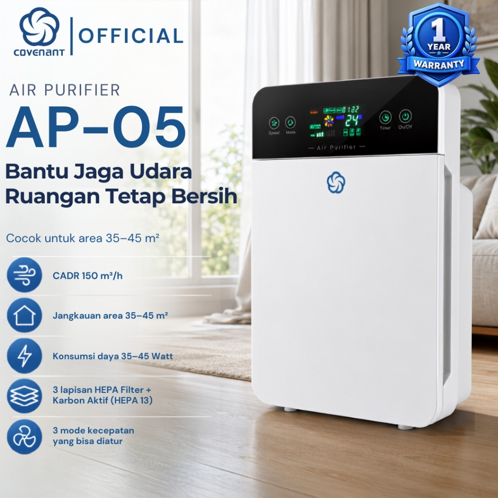Covenant Official Air Purifier AP-05 Pembersih Udara True HEPA 13 Karbon Aktif Remote Control Jangkauan 45m2 Low Watt Hemat Energi 3 Speed Mode Sleep Anti Bising Ion Negatif Saring Debu PM25 Asap Bulu Hewan Alergen Kamar Tidur Rumah Tangga Garansi Resmi