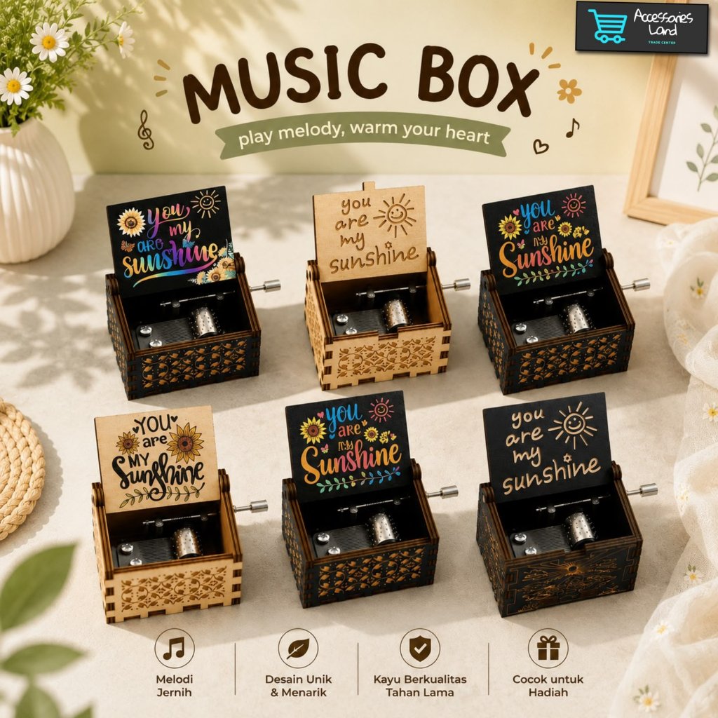 Kotak Musik Kayu Wooden Music Box Vintage Diputar Manual Hadiah