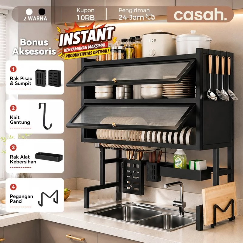 Casah  Rak Piring Wastafel Rak Piring Tertutup 2 Susun Rak Cuci Piring Stainless Anti Karat