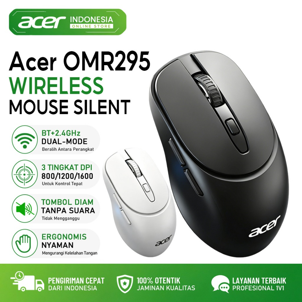 Acer OMR295 Dual-Mode Wireless Mouse 2.4G + Bluetooth 3 DPI Tingkat Tikus Ergonomis Ringan