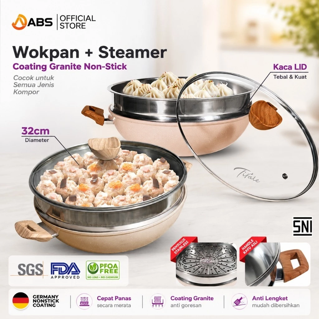 Tifale By ABS [2IN1] Wokpan 32CM + Glass Lid + Granite Steamer Non Stick / Alat Masak Wok dengan Panci Kukus Granite Anti Lengket dan Tutup / Dandang Steamer Kukus Siomay dan Bakpao 2in 1 + Tutup