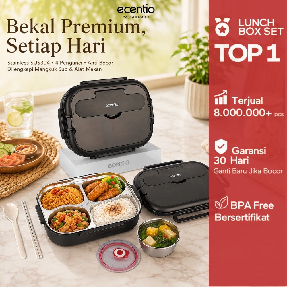[Ready Stock] ecentio Lunch Box Stainless 304 1000ML Kotak Makan Anti Bocor Anti Tumpah Tempat Bekal Makan Sekolah Kantor BPA Free Lengkap Mangkuk Sup Free Sendok Sumpit Lunch Box Premium