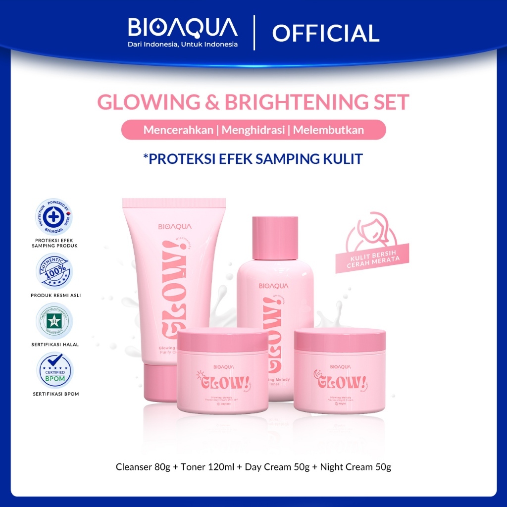 Bioaqua Cosmetics Skincare 1 Set Lengkap 4pcs Skincare Anak 12 Tahun Milk Niacinamide Glowing & Brightening  Set dan Acne Skincare Paket With Cleanser Facial Wash /  Hydrating Toner / Whitening Brightening Moisturizer Day Cream / Night Cream / Sunscreen