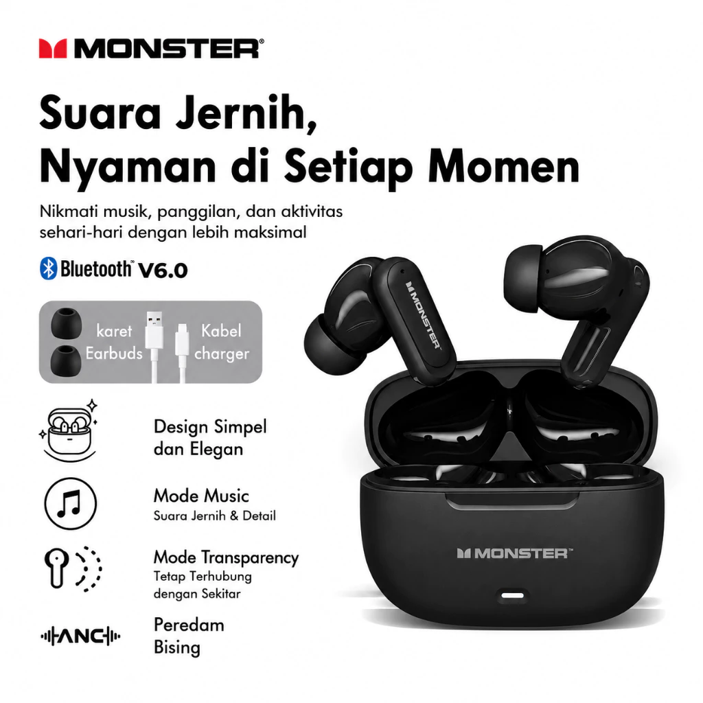 Monster HT20 TWS Bluetooth 6.0 ANC Hybrid Wireless Earbuds Low Latency Audio IPX5
