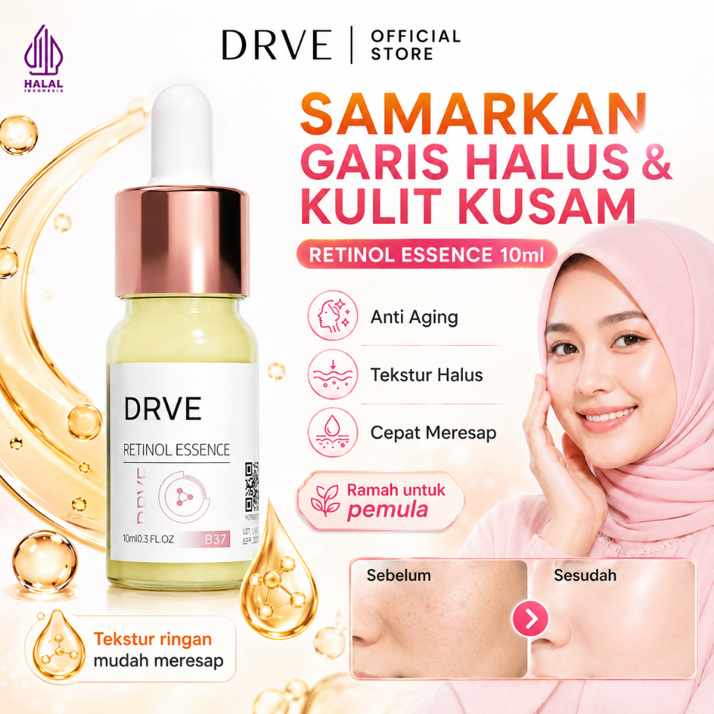 DRVE Retinol Essence Retinol Serum Wajah Anti Aging Niacinamide Brightening Serum Mencerahkan Wajah Kulit Kusam Glowing Samarkan Garis Halus Kerutan Menghaluskan Tekstur Skin Barrier Pemula Skincare Malam