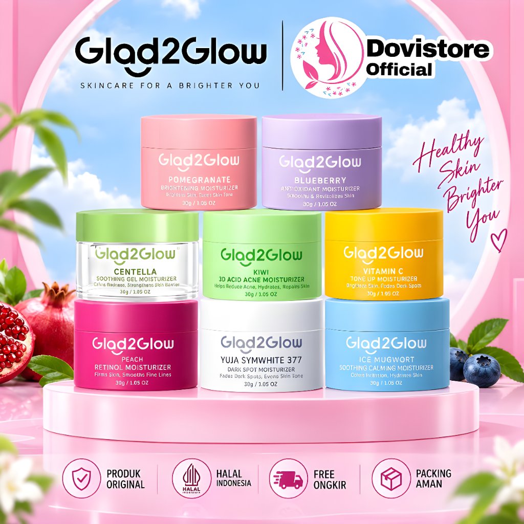 GLAD2GLOW Moisturizer SERIES Pelembab Wajah Blueberry / Pomegranate / Peach Retinol / Centella / Yuja 377