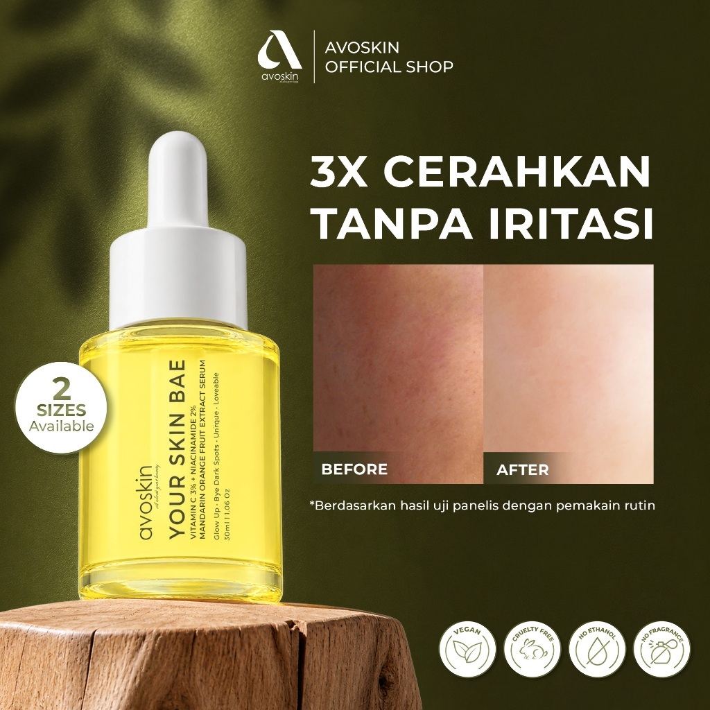 AVOSKIN - Your Skin Bae Vitamin C Serum 30ml | 3% Vitamin C (3-O-Ethyl Ascorbic Acid), 2% Niacinamide, Mandarin Orange Extract | Glow-Focused Daily Treatment | Untuk Dullness & Bekas Jerawat | Antioxidant Support | Healthy Glow & More Even-Looking Tone