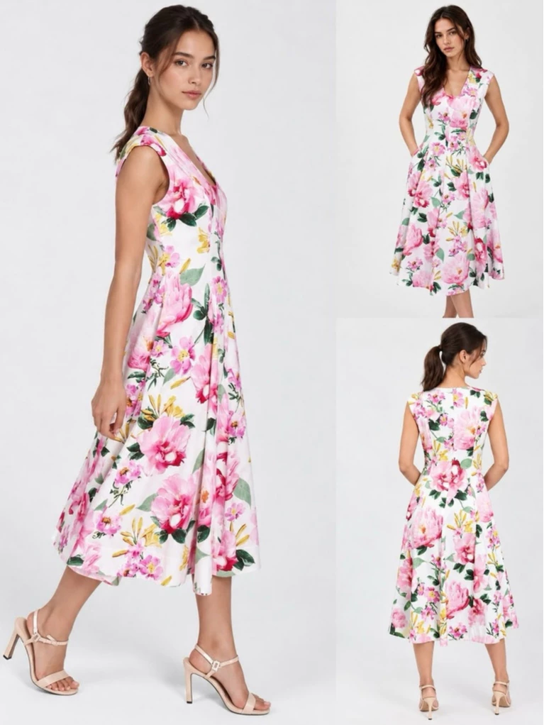 Midi Dress Wanita KL Women's Floral-Print V-Neck Midi Dress - 3313