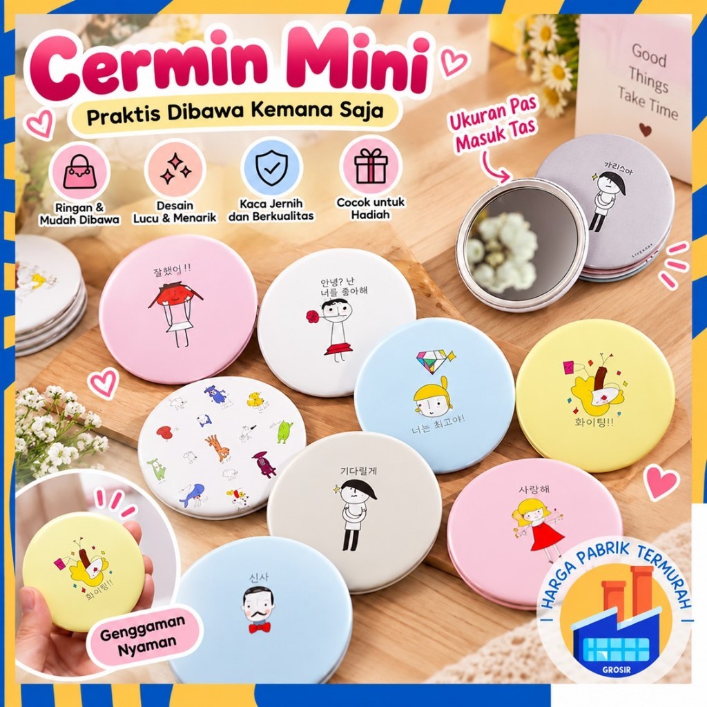 HPT Cermin Bulat Mini Portable Motif Kartun Acak Kaca Cermin Make Up Mini Kaca Travelling Motif Lucu Kaca Mini Travel Size