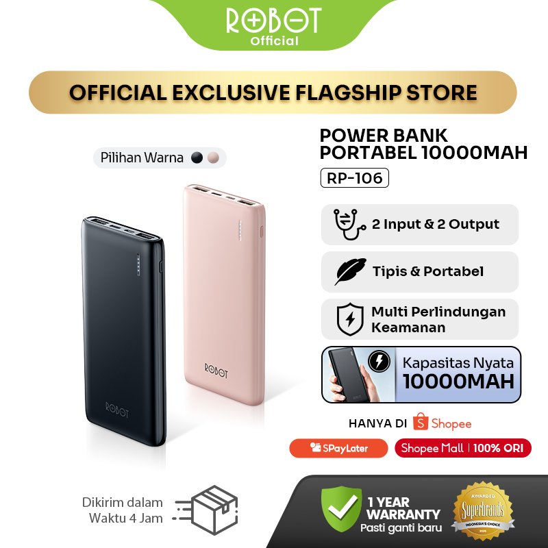 ROBOT Powerbank 10000mAh Original RP-106 Power Bank Slim 15.5mm Portable Dual USB Output Input Type C & Micro USB untuk iPhone Android Samsung OPPO Vivo Xiaomi Multi Proteksi Garansi Resmi 1 Tahun