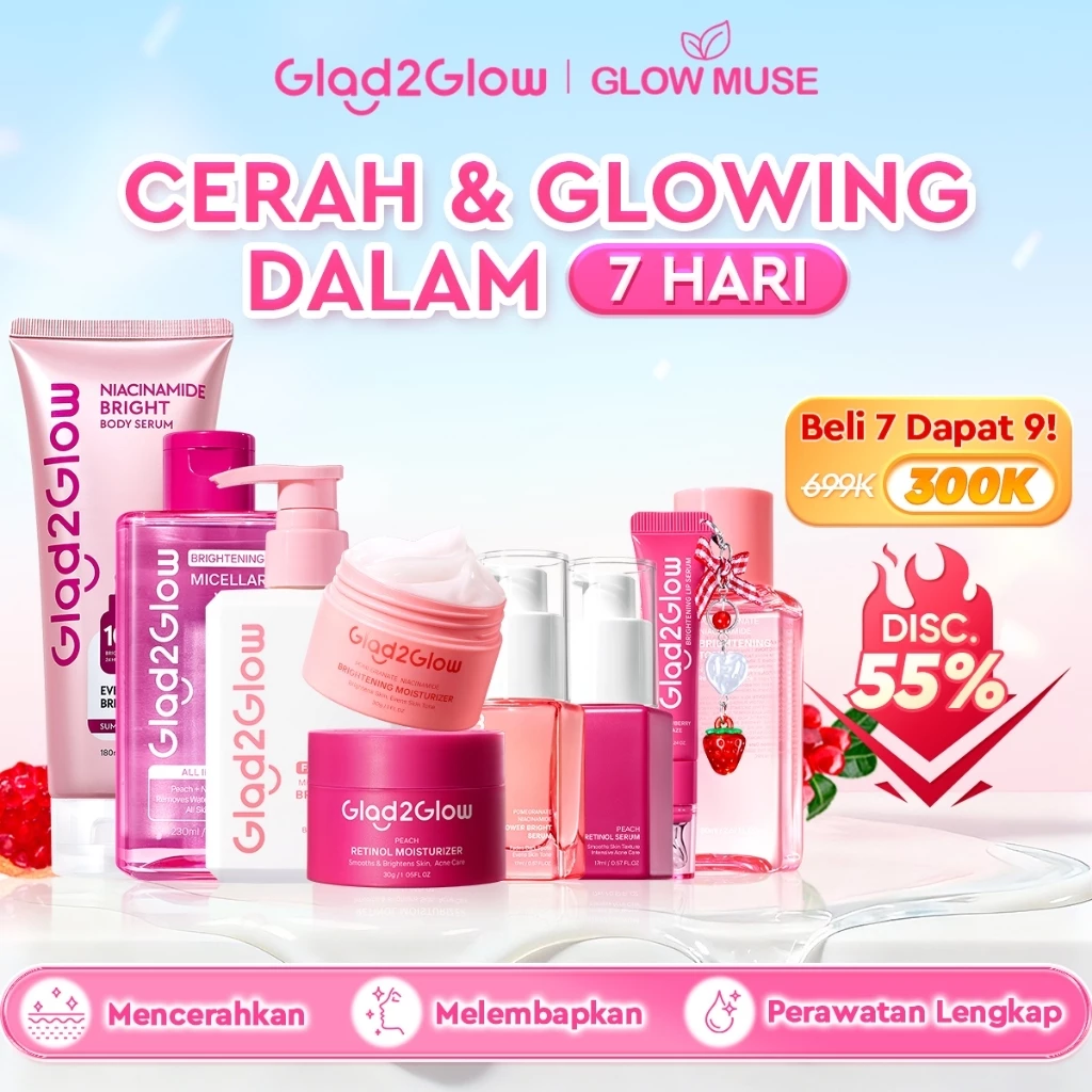 Glad2Glow Glowing & Renew bundle 9in1 9pcs-Brightening toner+Brightening Moisturizer+Milk Cleanser+Brightening Serum+Retinol moisturizer Pomegranate Niacinamide Mencerahkan Wajah Mencerahkan Melembabkan Kulit skin skincare G2G